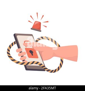 Illustrazione piatta del vettore dello smartphone che tiene la mano con hacked. Attacco hacker, phishing, furto di informazioni personali, password e nome utente, dati della carta di credito. Frodi su Internet. Concetto di sicurezza informatica. Illustrazione Vettoriale