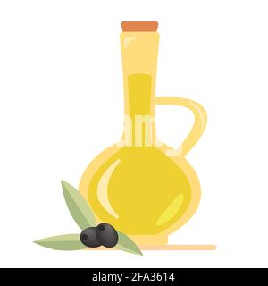 Olio d'oliva in caraffa e rami di olive e olive. Illustrazione vettoriale isolata. Illustrazione Vettoriale