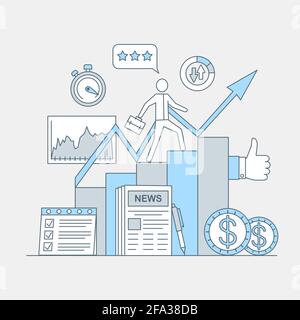 Business e investimenti applicazione vettore cartoon illustrazione di contorno. Personaggio maschile che sale la scala della carriera, il grafico a barre in aumento, monete e contanti. Carriera e successo finanziario, strategia di investimento. Illustrazione Vettoriale