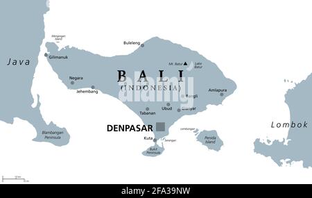 Bali, mappa politica grigia. Provincia e isola dell'Indonesia, la più occidentale delle Isole minori della Sunda, ad est di Giava, ad ovest di Lombok. Foto Stock