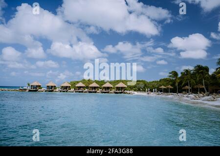 Aruba marzo 2021 spiaggia con fenicotteri rosa alla spiaggia, fenicotteri alla spiaggia di Aruba Isola dei Caraibi. Un colorato fenicottero sulla spiaggia, Renaissance Island Aruba Foto Stock