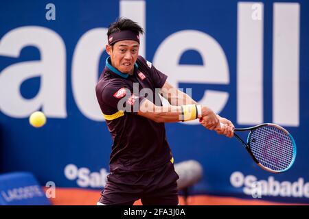 Barcellona, Spagna. 22 aprile 2021; Real Club de Tennis, Barcellona, Catalogna, Spagna; ATP Tour, Mens Singles, Barcelona Open Tennis; Kei Nishikori dal GIAPPONE durante Barcellona Open Banc Sabadell Trofeo Conde de Godó come ha perso a Rafael Nadal Credit: Action Plus Sports Images/Alamy Live News Foto Stock