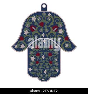 Tradizionale orientale o indiano sacro amuleto religioso simbolo-Hamsa, mano di Miriam, mano di David, Hanukkah, con ornamenti floreali in stile vintage. Illustrazione Vettoriale