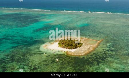 Isola tropicale con spiaggia bellissima, palme e acqua turchese vista da sopra. Isola Guyam, Filippine, Siargao. Estate viaggi e concetto di vacanza Foto Stock