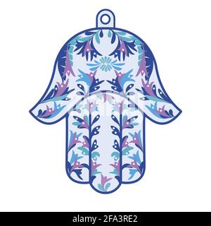 Hamsa, mano di Miriam, mano di David-un tradizionale amuleto ebraico con ornamenti floreali. Illustrazione vettoriale isolata su sfondo bianco. Illustrazione Vettoriale