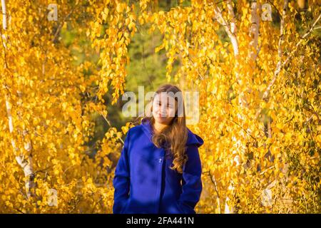 Una giovane ragazza cammina nel parco autunnale, si erge dietro un albero. Gli alberi hanno foglie gialle. Foto Stock