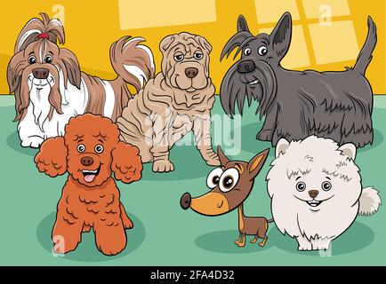 Illustrazione cartoon di divertenti cani purosanguini e cuccioli comic animal gruppo di caratteri Illustrazione Vettoriale