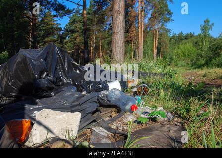 Rifiuti non autorizzati discariche nella foresta, mucchio di rifiuti domestici Foto Stock