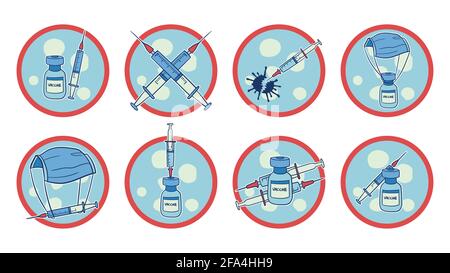 Raccolta di vettori isolati, disegnati a mano, relativi alla vaccinazione, vaccinazione, siringhe, miglioramento del sistema immunitario, su sfondo circolare. Illustrazione Vettoriale