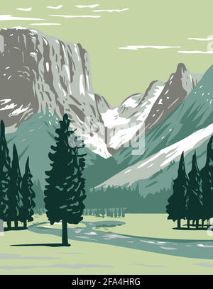 WPA Poster Art of the Upper Green River in Wyoming Sul lato occidentale del Continental divide in BridgerCTeton National Forest nel fiume Vento Ra Illustrazione Vettoriale