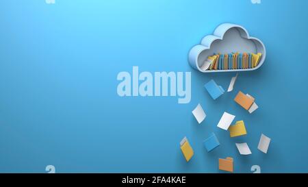 Archiviazione cloud. Una nuvola di file e cartelle che cadono come pioggia. Spazio di copia per il testo. rendering 3d. Foto Stock
