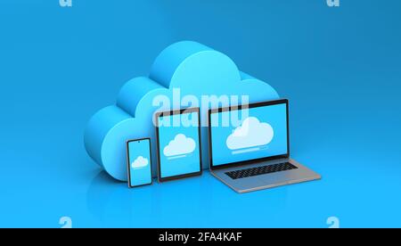 Archiviazione su cloud per telefono, tablet, notebook. Sfondo blu. rendering 3d. Foto Stock