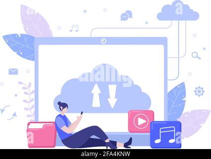 Cloud Backup Storage illustrazione di computer System per la condivisione delle informazioni, hosting, salvataggio, copia di file, server, E progettazione di data center Illustrazione Vettoriale