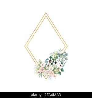 Montatura in oro a forma di diamante con piccoli fiori di actinidia, bouvardia, foglie tropicali e di palma. Bouquet di nozze in una cornice per il design di un elegante Foto Stock