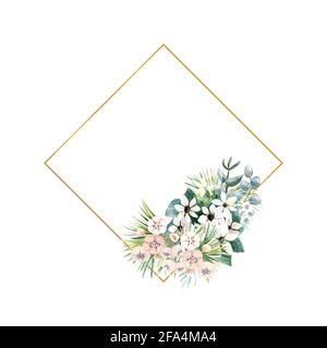 Montatura in oro a forma di diamante con piccoli fiori di actinidia, bouvardia, foglie tropicali e di palma. Bouquet di nozze in una cornice per il design di un elegante Foto Stock