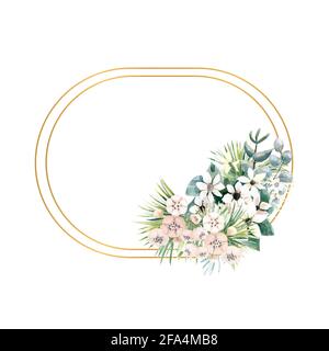 Cornice ovale in oro con piccoli fiori di actinidia, bouvardia, tropicale e foglie di palma. Bouquet di nozze in una cornice per il design di un elegante Foto Stock