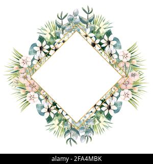 Montatura in oro a forma di diamante con piccoli fiori di actinidia, bouvardia, foglie tropicali e di palma. Bouquet di nozze in una cornice per il design di un elegante Foto Stock