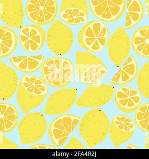 Modello senza giunture di limone tropicale in stile cartone animato disegnato a mano. Citrus sfondo estivo in design piatto. Cute motivo vettoriale estate brillante. Illustrazione Vettoriale