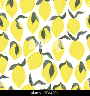 Modello senza giunture di limone tropicale in stile cartone animato disegnato a mano. Citrus sfondo estivo in design piatto. Cute motivo vettoriale estate brillante. Illustrazione Vettoriale