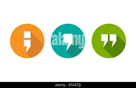 le icone bianche con punto e virgola, virgola e punto di riferimento vengono impostate in bianco. Segni di punteggiatura piatti. Illustrazione vettoriale. Logo preventivo. Cartello chat. Citati Illustrazione Vettoriale