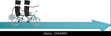 Due figure di bastone sono montate su un tandem, uno dei quali porta una valigetta in mano, l'altro punta un dito in avanti. Illustrazione Vettoriale