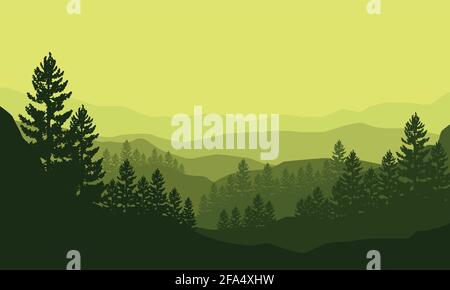 Una fantastica vista delle montagne e dei pini dai margini della città al mattino. Illustrazione vettoriale Illustrazione Vettoriale