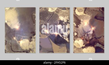 Set di motivi in marmo. Texture geode oro e viola con glitter. Background vettoriale astratto nella tecnica dell'inchiostro alcolico. Vernice moderna con scintille. Illustrazione Vettoriale