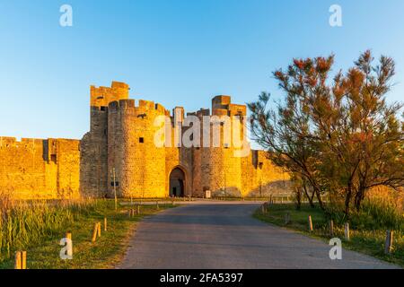 Porta e bastioni est, Aigues-Mortes al mattino presto, nel Gard in Occitanie, Francia Foto Stock