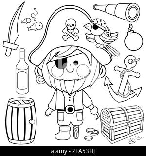 Capitano pirata con un gancio e una gamba di legno e altre illustrazioni a tema pirata. Pagina del libro da colorare in bianco e nero Foto Stock