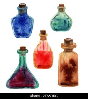 Acquerello bottiglie di vetro disegnate a mano in forme e colori diversi. Modello di bottiglie con elementi magici. Olio aromatico rosso, marrone. Foto Stock