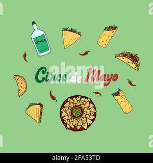 Cinco De Mayo modello di sfondo per la celebrazione della festa messicana. Scritta scritta a mano con testo di frasi con il cibo mexian a mano-disegnare. Vettore Illustrazione Vettoriale