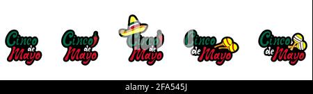 Set di adesivi Cinco de mayo scritta a mano phrase design in colori bandiera messicana con disegno a mano doodles colorati sombrero, maracas, pepe. Vettore Illustrazione Vettoriale
