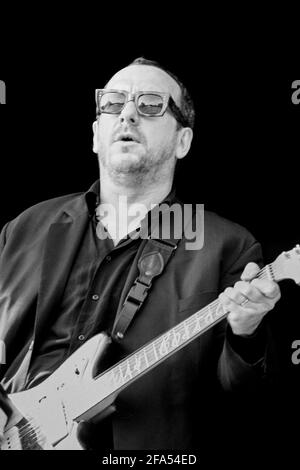 Elvis Costello, V2002, Hylands Park, Chelmsford, Essex, Regno Unito - 17 agosto 2002 Foto Stock