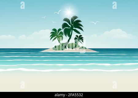 isola tropicale, palme su un'isola nell'oceano Illustrazione Vettoriale