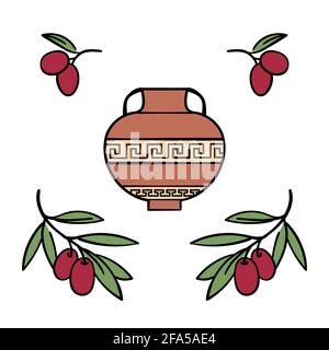 Anfora ornata circondata da rami di ulivo, oggetto vettoriale isolato su sfondo bianco. L'anfora è un classico utensilico dell'antica Grecia, vaso di argilla Illustrazione Vettoriale