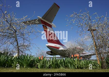 Gollenberg, Germania. 23 Apr 2021. La 'Lady Agnes', un Ilyushin 62 della compagnia aerea Interflug, si trova presso l'aeroporto Stölln/Rhinow. L'aereo passeggeri, costruito nel 1973, era atterrato il 23 ottobre 1989 su una pista di soli 800 metri di lunghezza. Credit: Jörg Carstensen/dpa/Alamy Live News Foto Stock