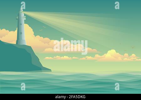 Mare con faro e onde. Illustrazione vettoriale per la navigazione. Illustrazione Vettoriale