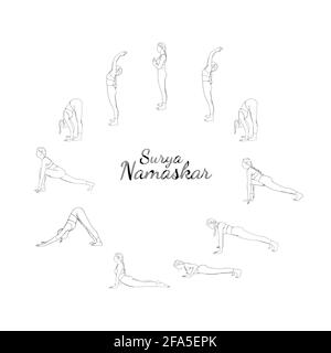 Yoga surya namaskar sequenza. Sole salutante donna, mattina yoga flusso con tutti i passi. Illustrazione vettoriale dello schizzo Illustrazione Vettoriale