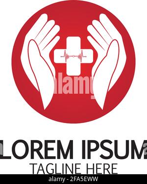 Logo Cross Medical con cura delle mani. Vettore per la progettazione di modelli di logo Medical Secure Illustrazione Vettoriale