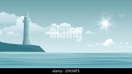 Mare con faro e onde. Illustrazione vettoriale per la navigazione. Illustrazione Vettoriale
