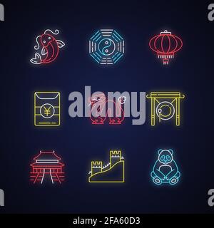 Set di icone al neon per la cultura orientale Illustrazione Vettoriale