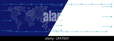 Mappa del mondo su sfondo blu. CopySpace su sfondo bianco. Modello di continenti triangolari. Nodi collegati da linee. Stile poligonale alla moda. Illustrazione Vettoriale