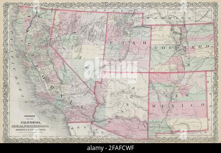 Mappa di Colton di California, Nevada, Utah, Colorado, Arizona e New Mexico 1869 Foto Stock