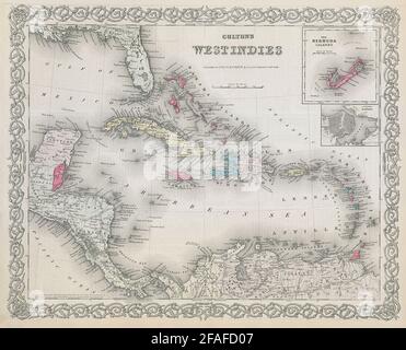 Colton's West Indies. Bermuda e l'Avana. Antille dei Caraibi 1869 vecchia mappa Foto Stock