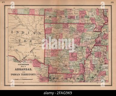 La mappa di J. H. Colton dell'Arkansas e del territorio indiano. Oklahoma 1864 vecchio Foto Stock