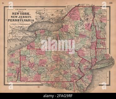 J. H. Colton mappa di New York, New Jersey e Pennsylvania 1864 vecchio Foto Stock