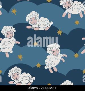 Modello vettoriale senza giunture con pecore saltate nel cielo notturno. Design per Sleepwear o tessuti. Illustrazione Vettoriale
