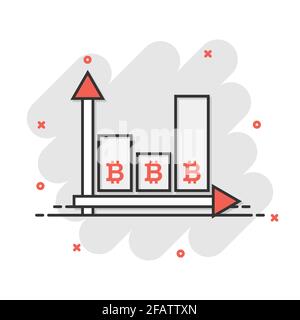 Icona di crescita Bitcoin in stile comico. Illustrazione vettoriale cartoon Blockchain su sfondo isolato bianco. Criptovaluta splash effect concetto di business Illustrazione Vettoriale