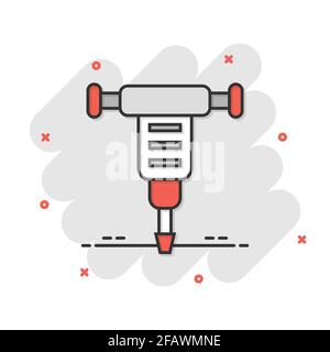 Icona jackhammer in stile comico. Disappannamento dell'illustrazione vettoriale del pacchetto su sfondo isolato bianco. Distruggi il concetto di affari di effetto di spruzzo. Illustrazione Vettoriale