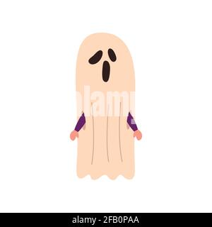 Un bambino carino in un costume fantasma sta celebrando Halloween. Illustrazione vettoriale. Illustrazione Vettoriale